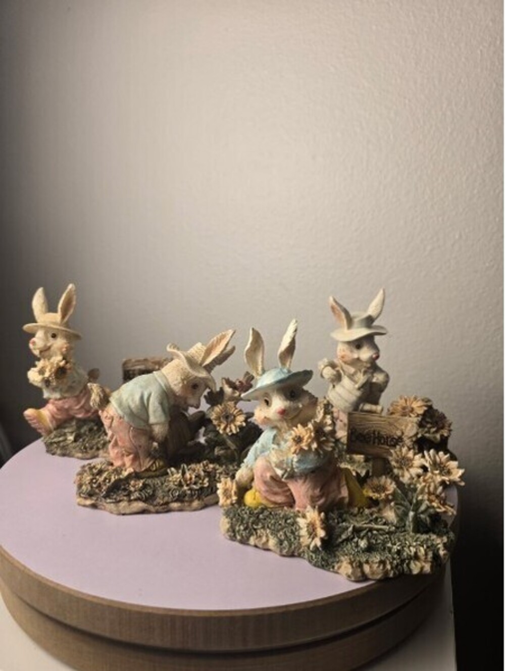 Vintage Resin Easter Bunny Family Garden Diorama Figurine Log Scene Set of Four